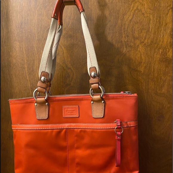 Stained nylon orange tan Coach purse with canvas - Picture 10 of 16